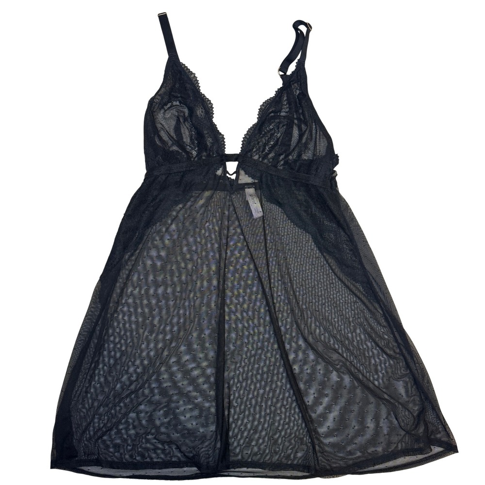Auden Lace Babydoll Mesh Lingerie Slip Dress L Black Swiss Dot Chemise Romantic
